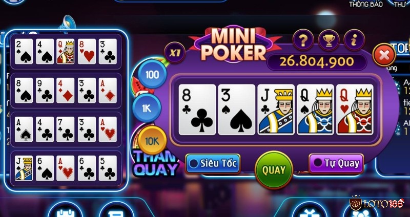 Bài One Pair (1 đôi) với lá Q (đầm) trong game Mini Poker