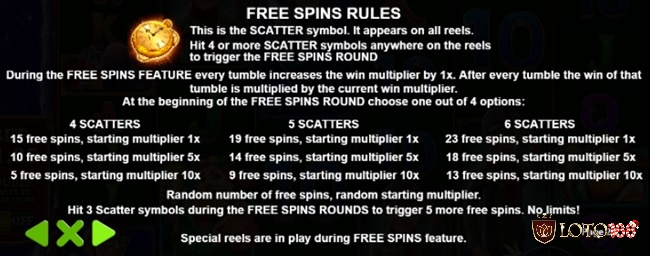 Kích hoạt tính năng Free Spins khi thu thập 4, 5 hoặc 6 Scatter trên guồng quay