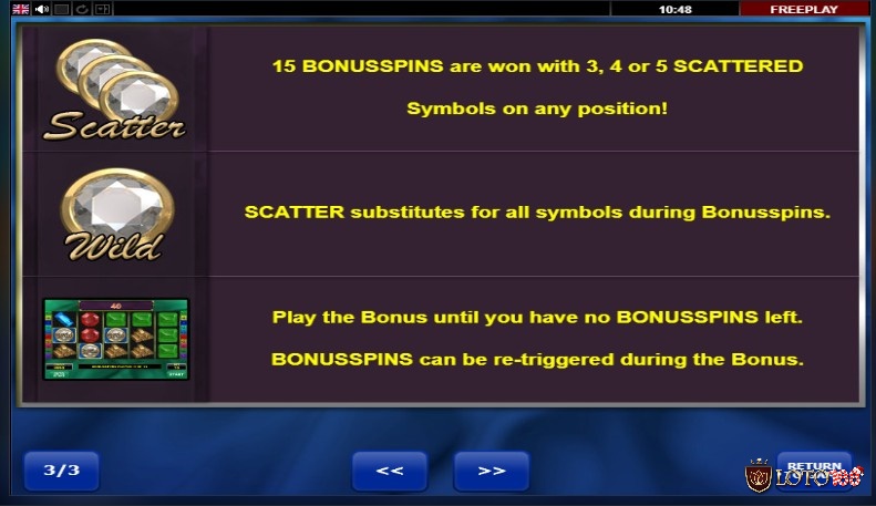 Với 3, 4, 5 biểu tượng kim cương trên màn hình, người chơi được thưởng 15 Bonus Spins
